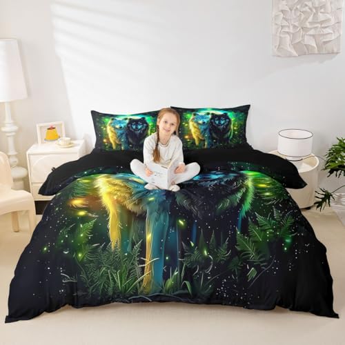Housse de couette loup parure de lit 200x200 animaux vert noir - 5