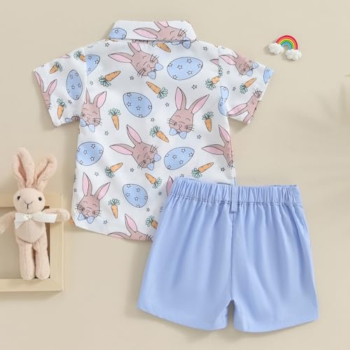 Image of Owl's-Yard Baby Boy Easter Outfits Rabbit Carrot Short Sleeve Button Down Shirts and Solid Color Shorts 2 Pcs Summer Set