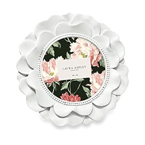 Laura Ashley 4×4 White Round Resin Ornate Flower Design Picture Frame with Beaded Border, for Tabletop and Wall Display, Floral Home D cor (White)