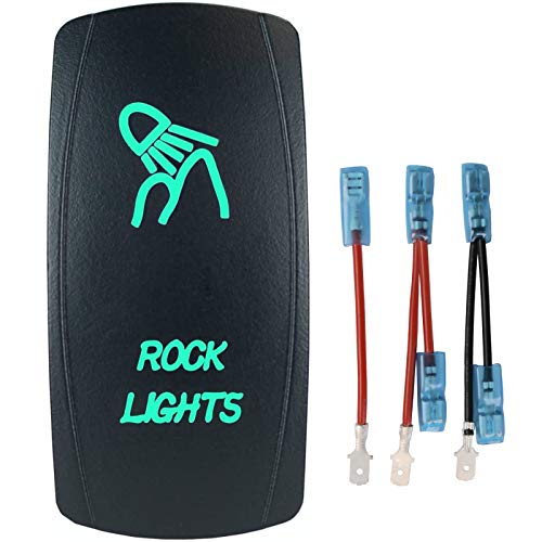 QUNQI STAR 5 pin Laser Backlit Rocker Switch Rock Lights 20A 12V On/Off LED Light Toggle Switch with Jumper Wires Set（Rock Lights,Green）