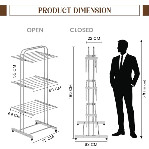 Image of LAPO Stainless Steel Cloth Drying Stand with Wheels | 3 Tier Foldable Laundry Rack | Side Wings & Hanger Rails | Rust Resistant Portable Clothes Dryer | Home, Balcony, Indoor & Outdoor Use
