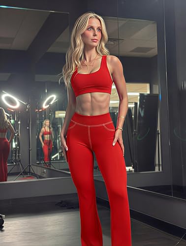 SEASUM Workout Butt Lifting Flare Leggings with Pockets for Women Scrunch Cargo Gym Casual Denim-Look Yoga Pants Red XL - image 2