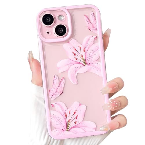 NITITOP Compatible with iPhone 13 Case Cute Durable Lily Flower Floral Butterfly Pattern for Women Girls Color Frame Slim Shockproof Protective Phone Cover - Pink