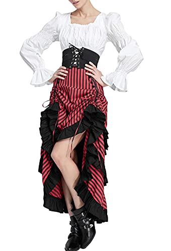 Women Peasant Blouse Long Puff Sleeve Ruffle Ruched Pirate Renaissance Corset Tops2