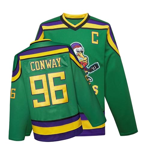 Mighty Ducks Jersey Movie Ice Hockey Jersey Charlie Conway #96 Adam Banks #99, 90S Hip Hop Clothing for Party(#96 Green,S)