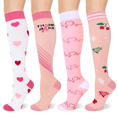 REBOYA 4 Paar Kompressionsstrümpfe Damen und Herren, Kniestrümpfe Bunte Sport Stützstrümpfe Kompressionssocken, Reitsocken für Laufen, Reisen, Flug, Radsport（35-39, Rosa）