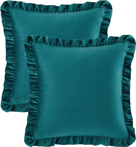 Image of Velvet Dark Teal 16x16 Pillow Covers, Set of 5 Decorative Ruffle Cushoin Pillow Covers for Sofa Couch