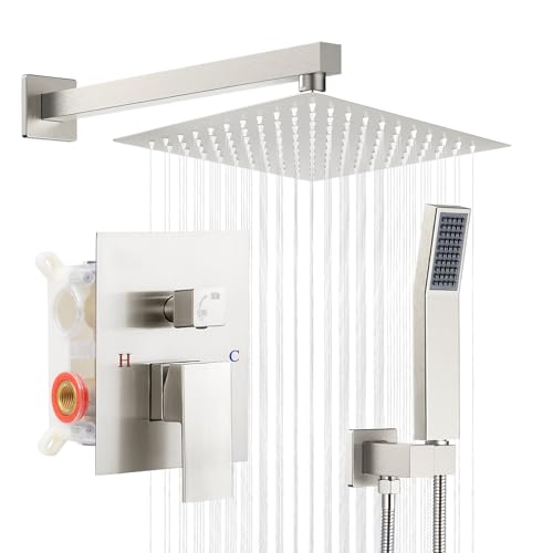 MTTCLE Shower Faucet Set, 10 Inch Wall Mounted Rainfall Shower Head with Handheld Combo, Shower System with Pressure Balance Valve, Shower Fixtures with Rough-In Valve Body and Trim Included