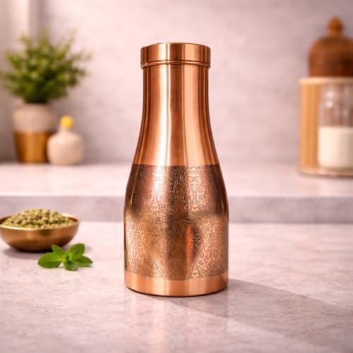 Image of JAIPUR ACE Premium Pure Copper Water Bottle Designer Engraved Leak Proof Ayurvedic Drinking Bottle for Health Benefits Stylish Kitchen Office Use Ideal Gift for Weddings and Occasions(Royal Etching)