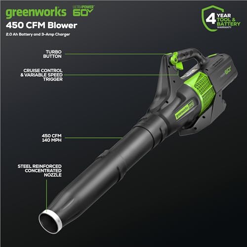 Image of Greenworks 60V (450 CFM / 140 MPH) Cordless Leaf Blower, Variable Speed & Turbo, Lightweight Handheld for Fall Leaf Removal, Yard, Patio, Driveway Outdoor Cleaning, 2.0Ah Battery and Rapid Charger