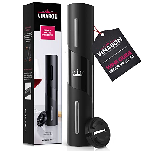 VINABON Battery-Operated Wine Opener - Premium 2025 Electric Wine Bottle Opener with Wine Foil Cutter - One-Click Reusable Automatic Electronic Wine Opener Corkscrew. Includes WineGuide Ebook