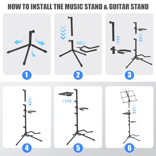 Wosoyun Adjustable Guitar Stand with Music Sheet Stand 2 in 1 Dual-Use Design Lightweight Portable Adjustable Music Book Stand with Tripod Electric Guitar Stand Single & Tray - Thumbnail 3