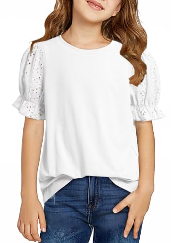 Girls Summer Shirts Cute Hollow Out Puff Short Sleeve Tops Casual Crewneck Tee Blouse 6-15 Years