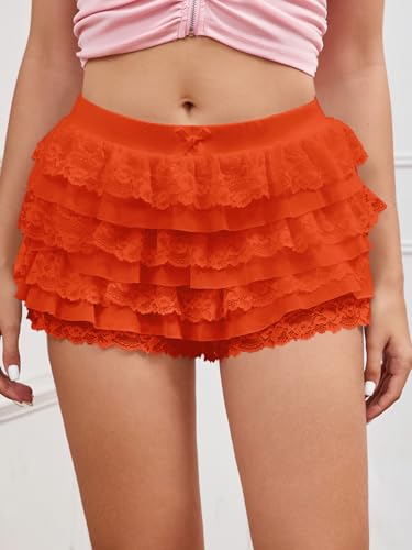 Image of Women Y2K Lace Multi-Layered Bloomers Lolita Ruffle Shorts Cute Mini Skirt | Tiered layers, elastic waist, pumpkin pants, for rave party /country concert /festival