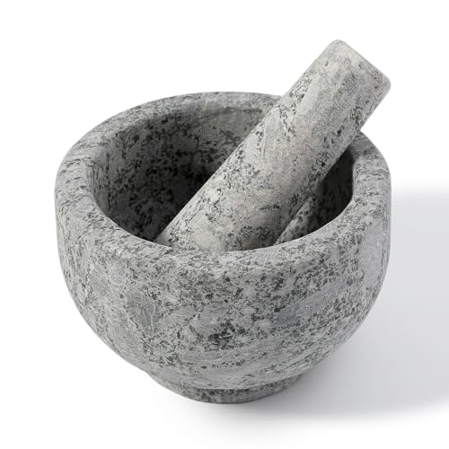Koville Natural Marble Mortar and Pestle Set, 5' Heavy Duty Granite Grinder for Kitchen, Guacamole, Salsa, Pill Crusher, Spice, Herb, Marble Bowl for Kitchen Counter, Granite Spice Grinder Bowl