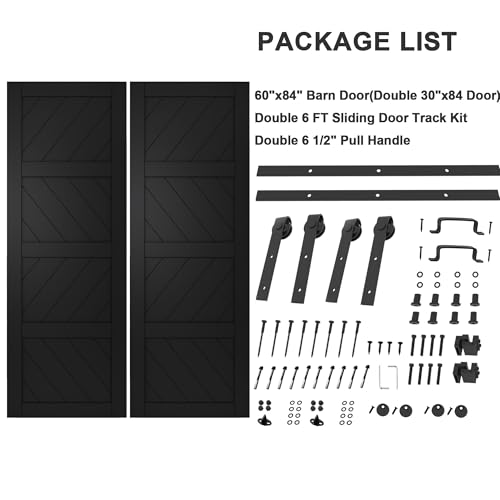 Image of 60 inchx84 inch Black Waved Barn Door with 12 FT Track Kit & Handle & Floor Guide | Pre-Drill Holes Double Barn Door For Easy Assembly, Solid Core Wood Sliding Barn Door for Water-Resistant & Sound Reduction