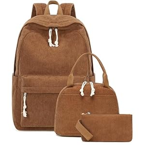 BTOOP School Backpack for Teen Girls Tan Corduroy Bookbags Set Lightweight Schoolbag with Lunch Box and Pencil Case