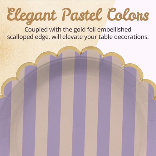 Image of Party Paper Plates, 50-Pack 9-Inch Bulk Disposable Decorative Paper Plates with Gold Scalloped Trim, 6 Colors for Tea Party, Easter, Garden Party, and Bridal Showers, Gilded Pastel Duet Stripes