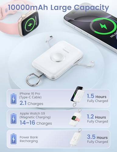 Image of RORRY CharmGo Portable Charger, 10000mAh 20W Fast Charging Portable Charger Power Bank with Built in Cables, Travel Battery Pack for iPhone 17 /16 /15 /14 /13 /12 and Apple Watch, Milk