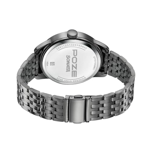 Image of Sonata Poze 8 Quartz Analog with Arsenic Blue Dial Gun Stainless Steel Strap Watch for Men - SP70110QM01W