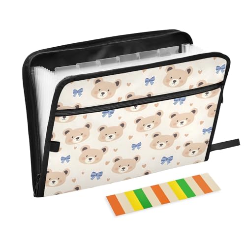 ALAZA Bear Blue Bow Cartoon 13 Pocket Expanding File Folder with Labels, Accordion File Folder File Organizer Letter A4 Paper for Office School Student