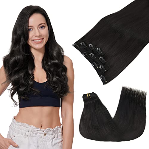 Image of GOO GOO Clip in Hair Extensions Real Human Hair, Remy Human Hair Extensions Clip ins for Women, Natural Human Hair, 16inch 65g 4Pcs, 1B Natural black