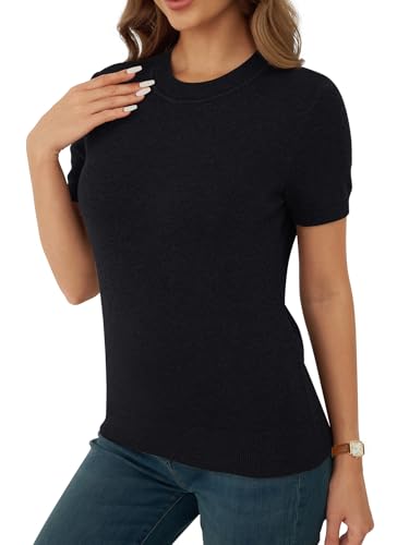 SLOWCOLIN Women's Wool Blend Short Sleeve Sweater Lightweight Business Casual Knit Pullover Top Black X-Small — view 5