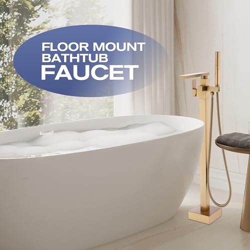 ALGRTS Free Standing Tub Faucet, Floor Mount Bathroom Tub Filler, Single Handle Freestanding Bathtub Shower Faucets with Handheld Sprayer, Brushed Gold by ALGRTS - Used condition - Image 6
