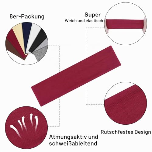 AWUMBUK Stirnband Damen Sport, 8 Pack Haarband Schwarz Haarbänder Damen Herren Antirutsch Stirnbänder Elastisch Headband Unisex Hair Band Sport Yoga Workout Laufen Fitness Gym Haarschmuck