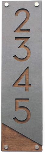 Números de casa modernos, concreto con madera contrachapada marina de roble oscuro, vertical, dirección contemporánea, placa de señal, número de