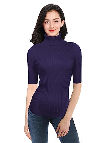 Image of v28 Women Turtleneck 1 /2 Half Sleeve Highly Stretchy Ribbed Knit Fitted Sweater