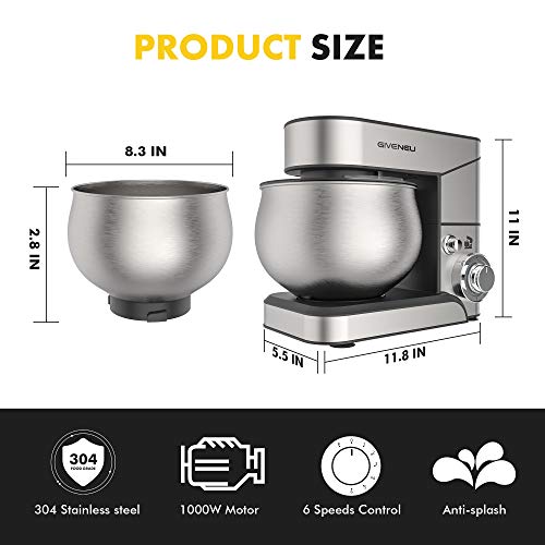 GIVENEU Stand Mixer, 1000W Food Mixer, 6 Speed Tilt-Head Electric Kitchen Dough Mixer with Dough Hook, Mixing Beater, Wire Whisk and Scraper, 5QT Bowl - Premium Stainless Steel Design