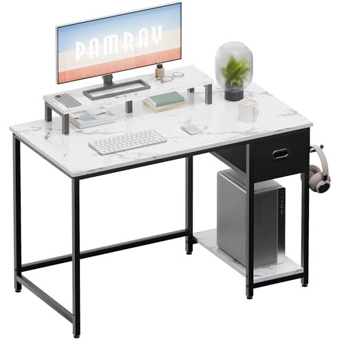 PAMRAY Scrivania computer 98 x 50cm con supporto monitor e cassetto portaoggetti. Ideale per la casa, lo studio e il lavoro Marrone