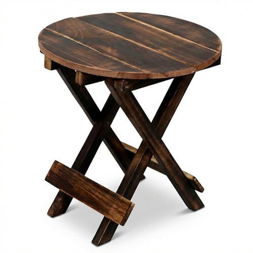 Image of Wooden Folding Side Table, Mango Wood Coffee Table for Living Room, Foldable Corner Table for Bedroom, 30 cm Square, Antique Finish (Round)
