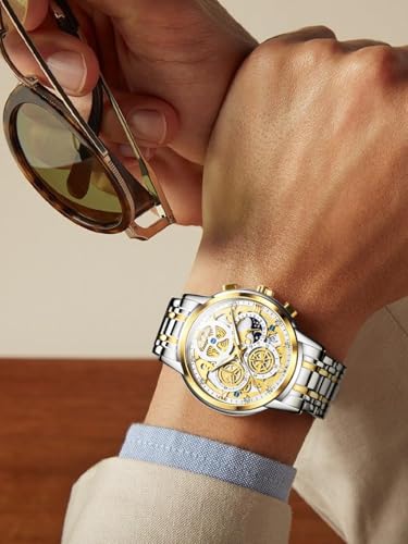 Image of OLEVS Mens Original Skeleton Luxury Business Analog Quartz Wrist Watches | Big Face Chronograph watch for men,stylish dress Gift,Stainless Steel ,Waterproof Luminous,Easy to Read