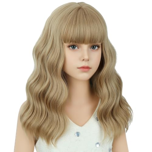 Image of Ash Blonde Wig Short Blonde Wavy Curly Wigs Wig with Air Bangs Synthetic Cosplay Hair Wigs