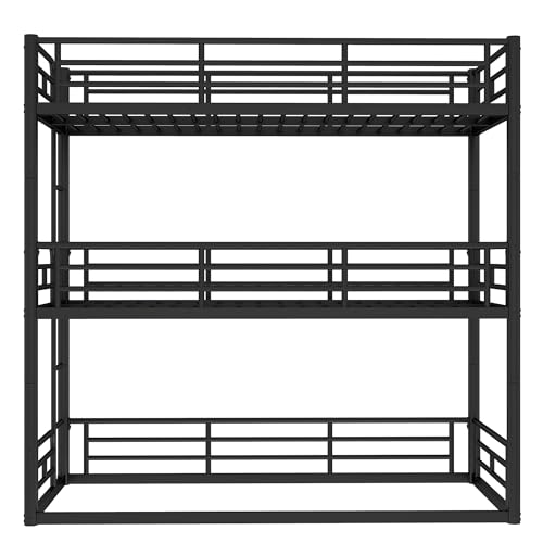 Image of Twin Over Twin Over Twin Bunk Bed with Safety Guardrails, Modern Metal Triple Bed Frame for Kids, No Box Spring Required, Black