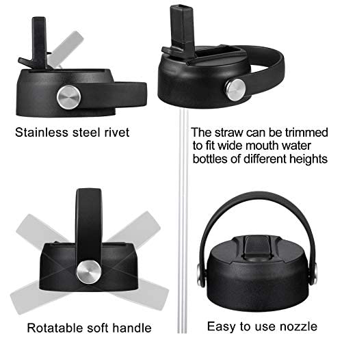 Straw Lid for Hydro Flask Wide Mouth 32 40 64 oz, BPA Free Top Replacement, Cap with Flex Handle Fits Hydroflask Kids 12 16 20 Ounce Bottles, Leak-proof Sports Bottle Accessories, Black - 2 Pack