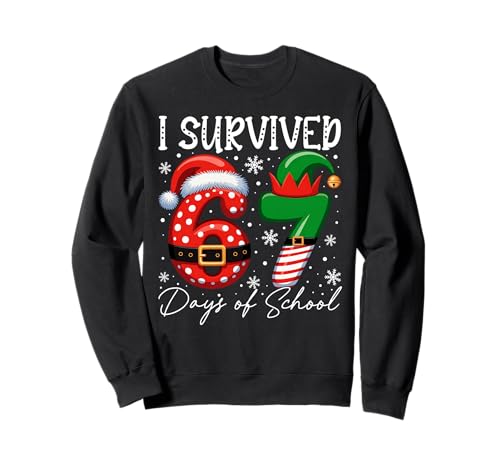 I Survived 67 Day Of School Funny 67 Xmas Santa Elf Hat Meme Sweatshirt