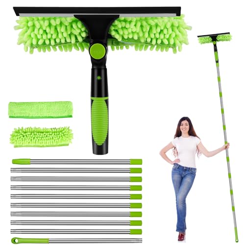 4.0M Telescopic Window Cleaning Poles Kit, Extendable Window Cleaner with Squeegee, 3 Microfibre Cloths, Long Reach Window Cleaning Equipment for Indoor & Outdoor High Windows, Cars, Walls (Green)