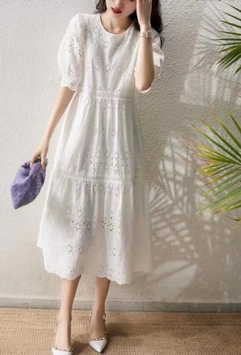 Image of chouyatou Women's Summer Puff Sleeve Midi Long Floral Eyelet Dress Embroidery Flowy Swing Party Dress