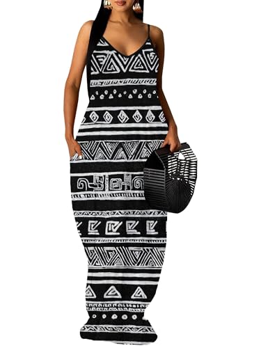 EQQZD Women's Spaghetti Strap Traditional African Print Maxi Dress Summer Casual Flowy Long Sun Dresses with Pockets Sleeveless Ankle Length Vacation Wear Plus Size