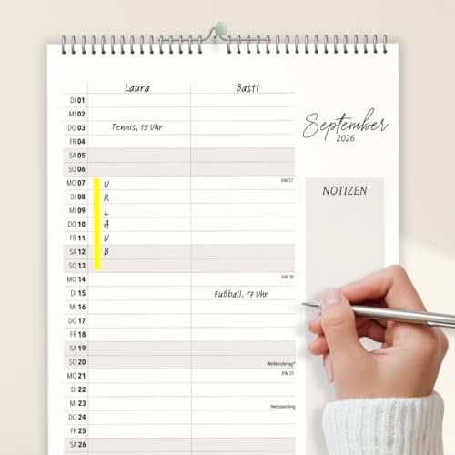 heaven+paper Paarplaner 2 Spalten Minimalistisches Design A4 - Kalender für zwei 2026 mit Feiertagen, Schulferien, Mond - Wandkalender Familienkalender (Cozy, 2 Spalten)