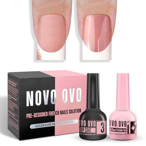 NOVO OVO French Tip Solution Kit Including One Muti-function UV Nail Glue (also can work as Builder Gel) 10 ml One Premium Top Coat 10ml for Pre-designed False Nail Tips Easy to Use 30 days lasting