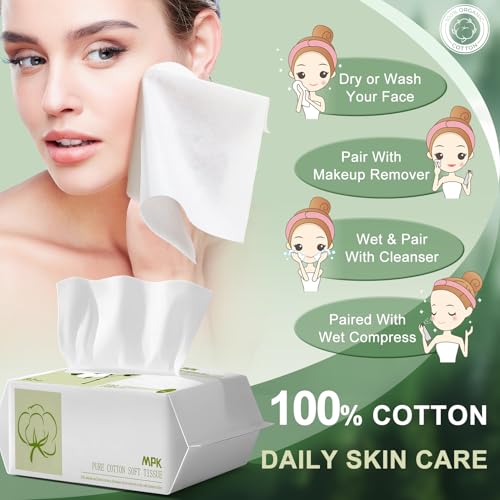 Image of MPK Disposable Face Towel - 100% Cotton Tissues, Unscented Facial Wash Cloth for Sensitive Skin, Super Soft & Thick Facial Towels, Makeup Remover Dry Wipes, 492 Count, 7.8 inches * 7.87 inches