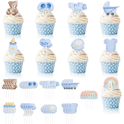 NISENTIA 36 Stück Babyparty Deko Tortendeko Junge, Baby Shower Deko Kuchen Cake Topper Taufe, Gender Reveal Party  ...