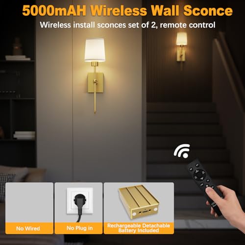 Image of Wireless Rechargeable sconces Wall Decor Set of 2, 5200mAh Battery Wall Sconce with Remote & Timer, Wall Lights Operated for Bedroom, Living Room, Hallway, Bathroom, Gold