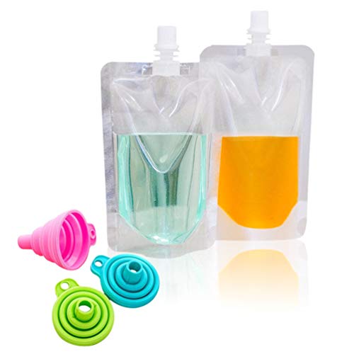 Drink Bag, 25Pcs Plastic Drink Pouch with Silicone Funnel Foldable Hand-held Nozzle Flask Bag Stand-Up Smoothie Bag Spout Pouch Water Bottle Beverage Container for Cold, Hot Drink (25, 250ml)