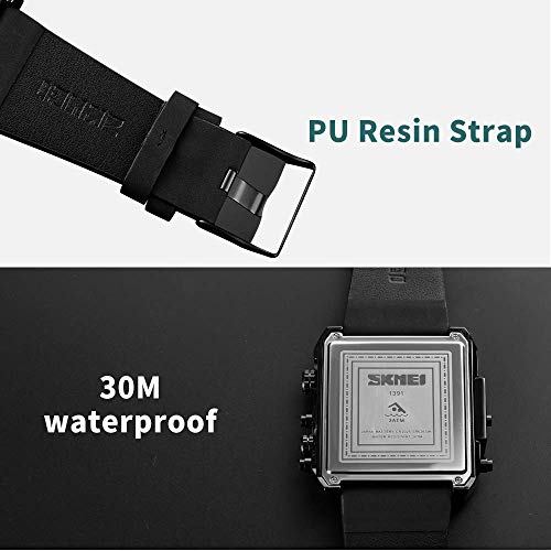Gosasa Men's Square Large Face Digital Sports Watch, Led Analog Quartz Wrist Watch With Multi-Time Zone 50M Waterproof Stopwatch (Black Coffee Belt) #TOP5