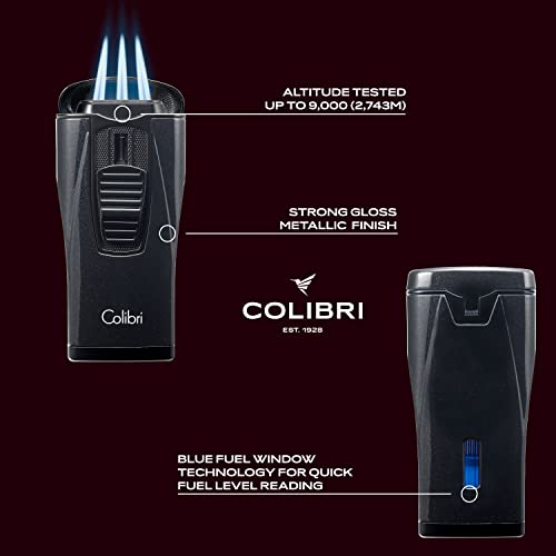 Colibri Monaco Triple Jet Lighter For Smoking - Refillable Butane Cigar Torch With Adjustable Flame & Fuel Window - Wind Resistant - Reliable Single-Action Flame Ignition - Metallic Black #TOP3